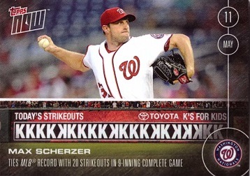 2016 Topps Now Max Scherzer 20 Strikeout Game Baseball Card