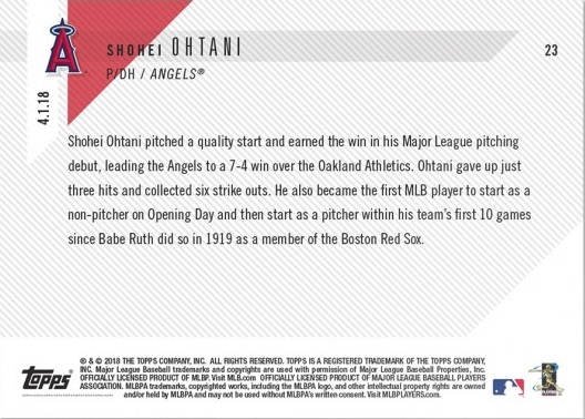 Back of Shohei Ohtani Topps Now Baseball Rookie Card